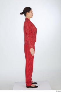  Cynthia black flat ballerina shoes dressed formal red striped suit standing whole body 0007.jpg